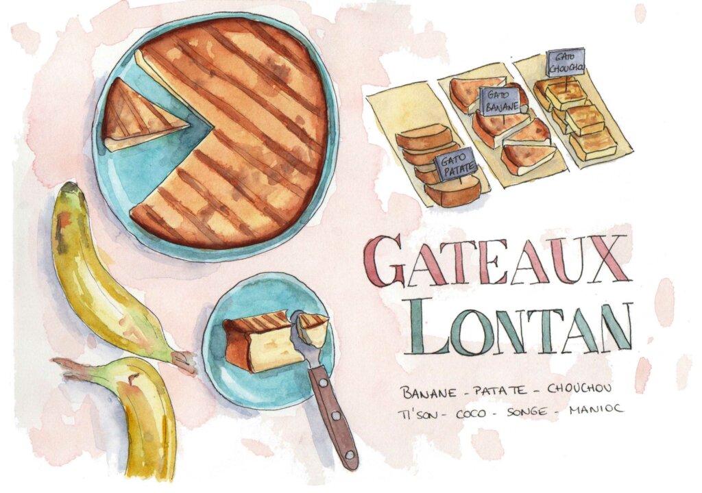 Gâteaux Lontan, gâteau banane, patate, tison, choucchou... Aquarelle Lucie Lantrua.
