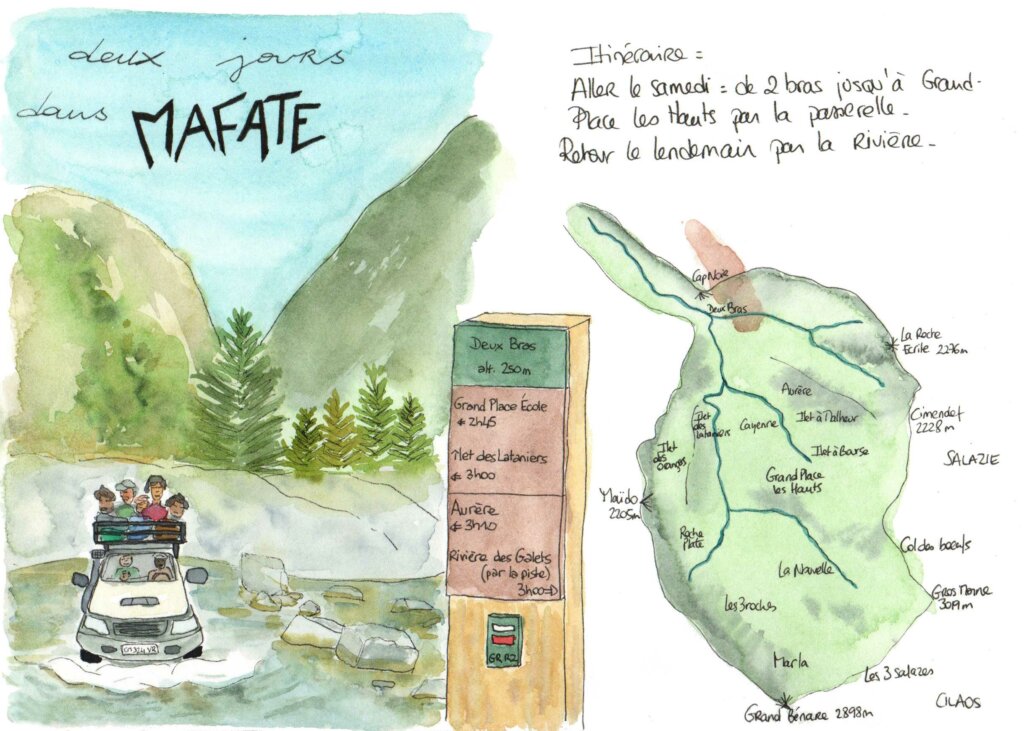 Partir 2 jours dans Mafate en randonnée par la Rivière des Galets. Extrait de carnet de voyage, aquarelle Lucie Lantrua.