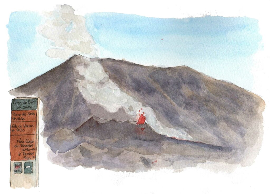 Eruption du Piton de la Fournaise. Aquarelle Lucie Lantrua.