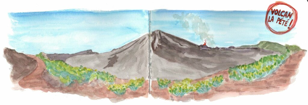 Le Volcan la pété ! Panorama sur le volcan et son enclos. Aquarelle Lucie Lantrua.